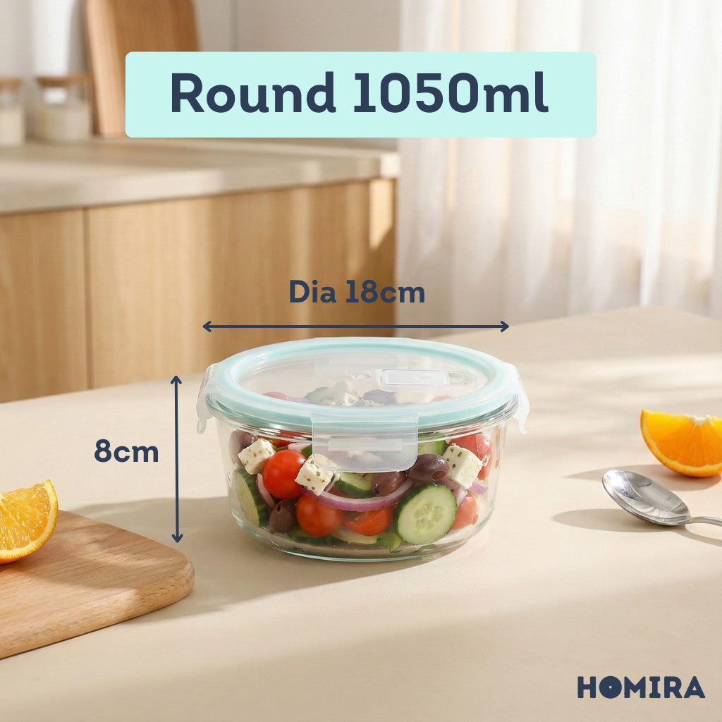HOMIRA Classic Borosilicate Glass Food Container Airtight Leakproof Oven Safe (130ml-2600ml)
