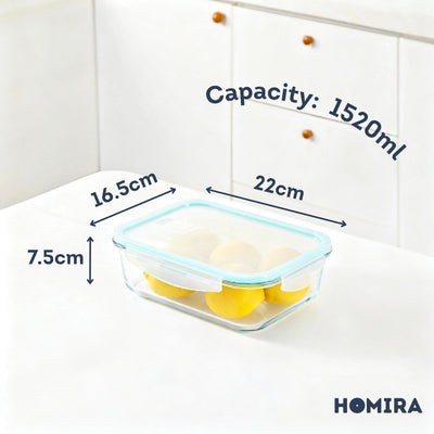 HOMIRA Classic Rectangle Borosilicate Glass Food Container (1520ml)
