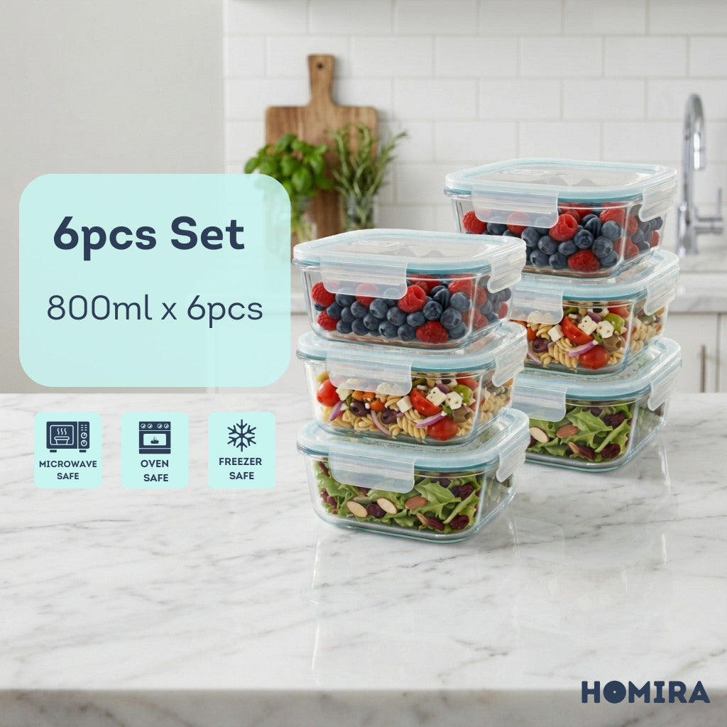 HOMIRA Classic Series Borosilicate Glass Square Food Container (800ml)