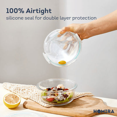 HOMIRA Classic Series Round Borosilicate Glass Food Container Airtight & Microwave Safe (450ml/650ml/1050ml)