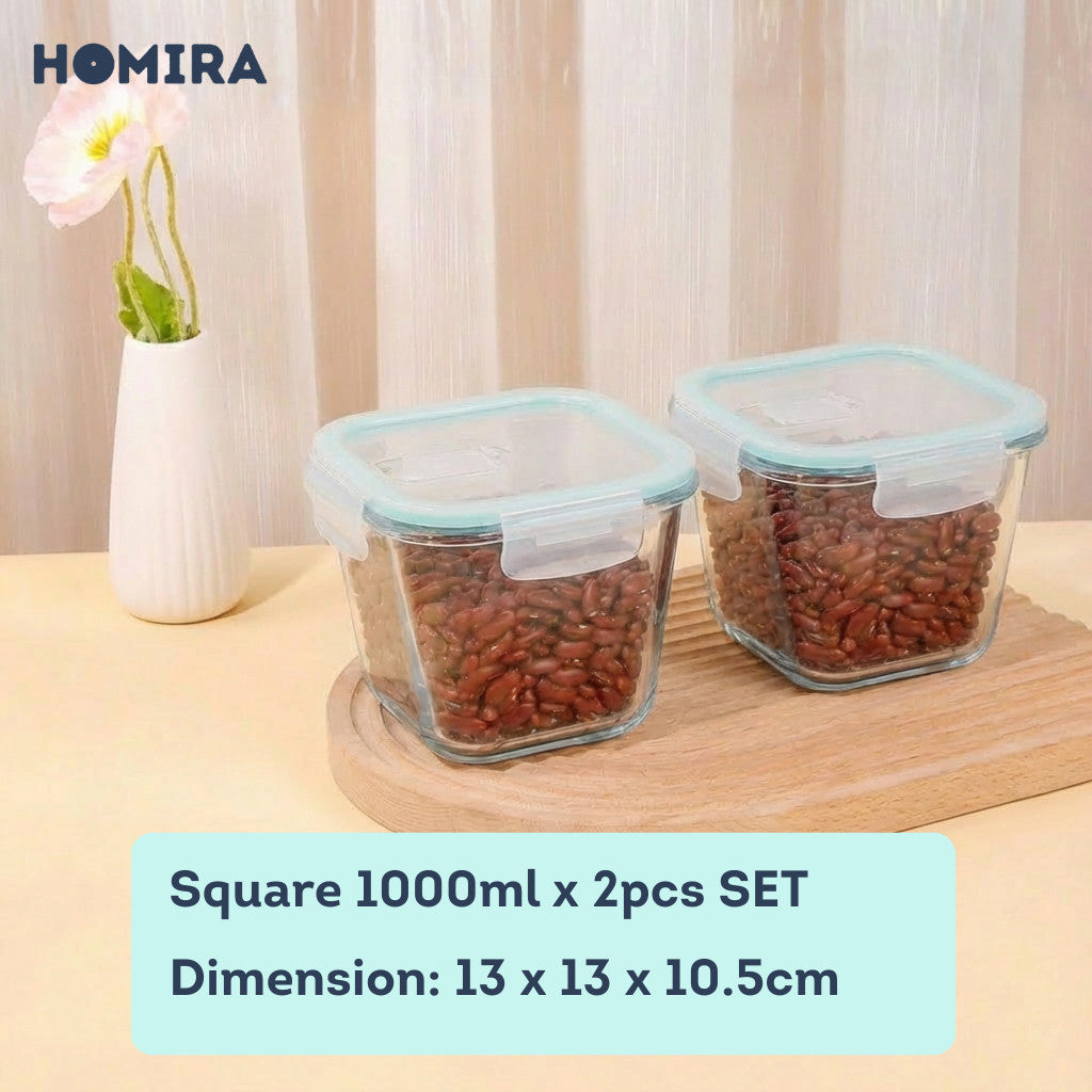 HOMIRA Classic Series Square Borosilicate Glass Food Container (1000ml)