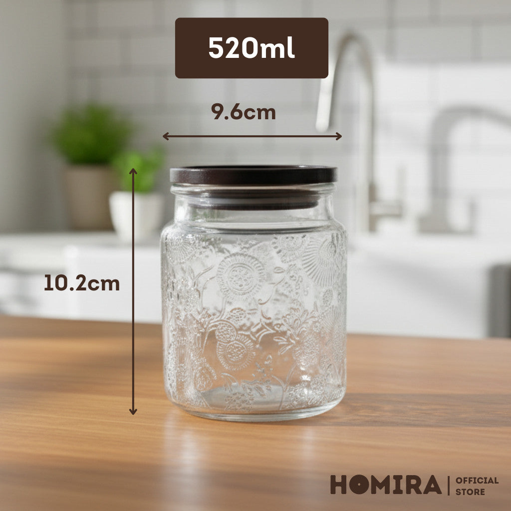 HOMIRA Embossed Glass Jar with Dark Wood Lid - 520ml / 750ml