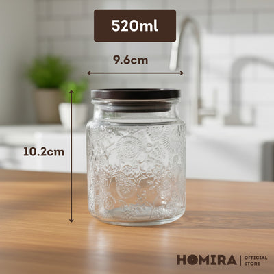 HOMIRA Embossed Glass Jar with Dark Wood Lid - 520ml / 750ml