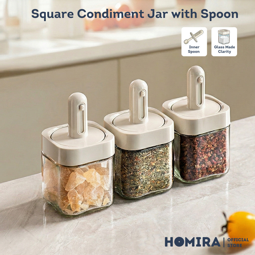 HOMIRA Kitchen Square Glass Condiment Jar with Inner Spoon