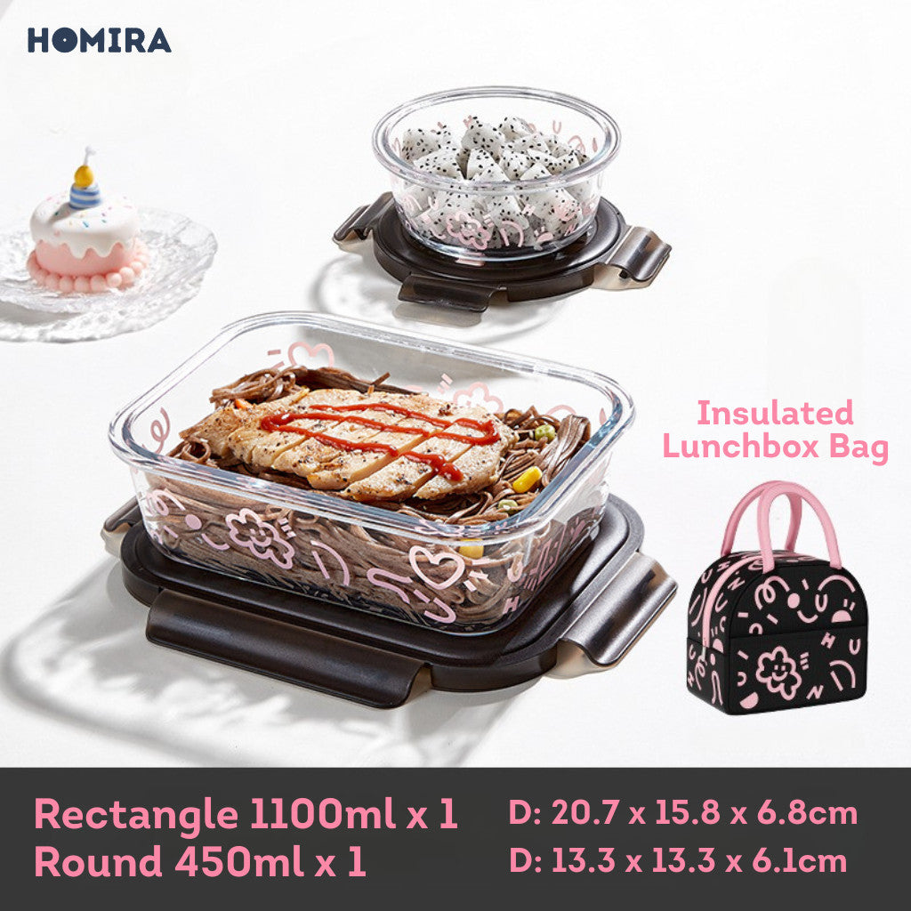 HOMIRA Lovey Cloud Series Borosilicate Glass Food Container & Bag Set - Black (450ml - 1100ml)