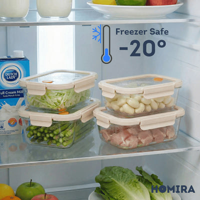 HOMIRA Signature Series Rectangle Borosilicate Glass Food Container Set (480ml/720ml/1100ml/1520ml)