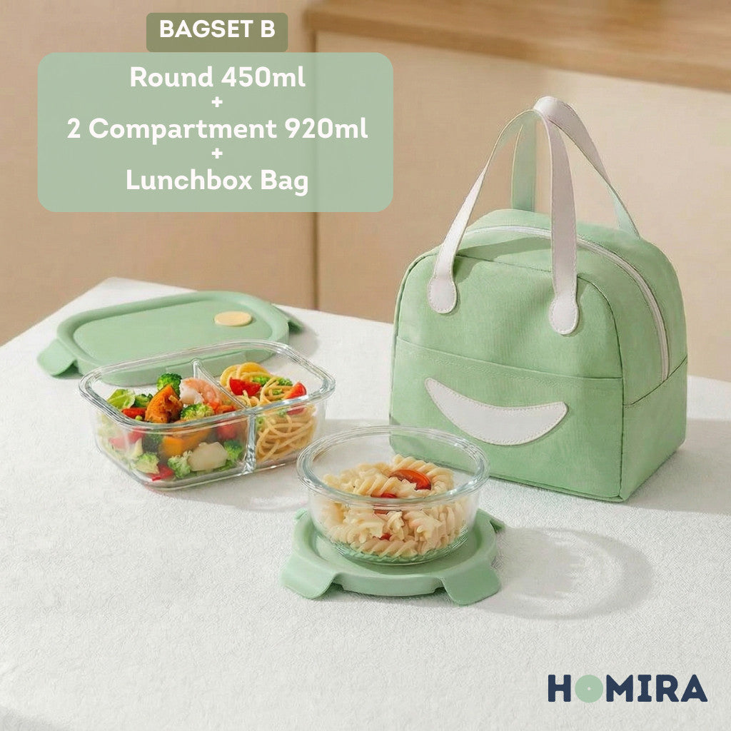 HOMIRA Summer Series Borosilicate Glass Lunchbox Bag Airtight & Microwave Safe Set