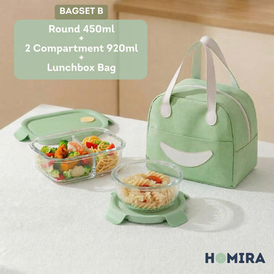 HOMIRA Summer Series Borosilicate Glass Lunchbox Bag Airtight & Microwave Safe Set