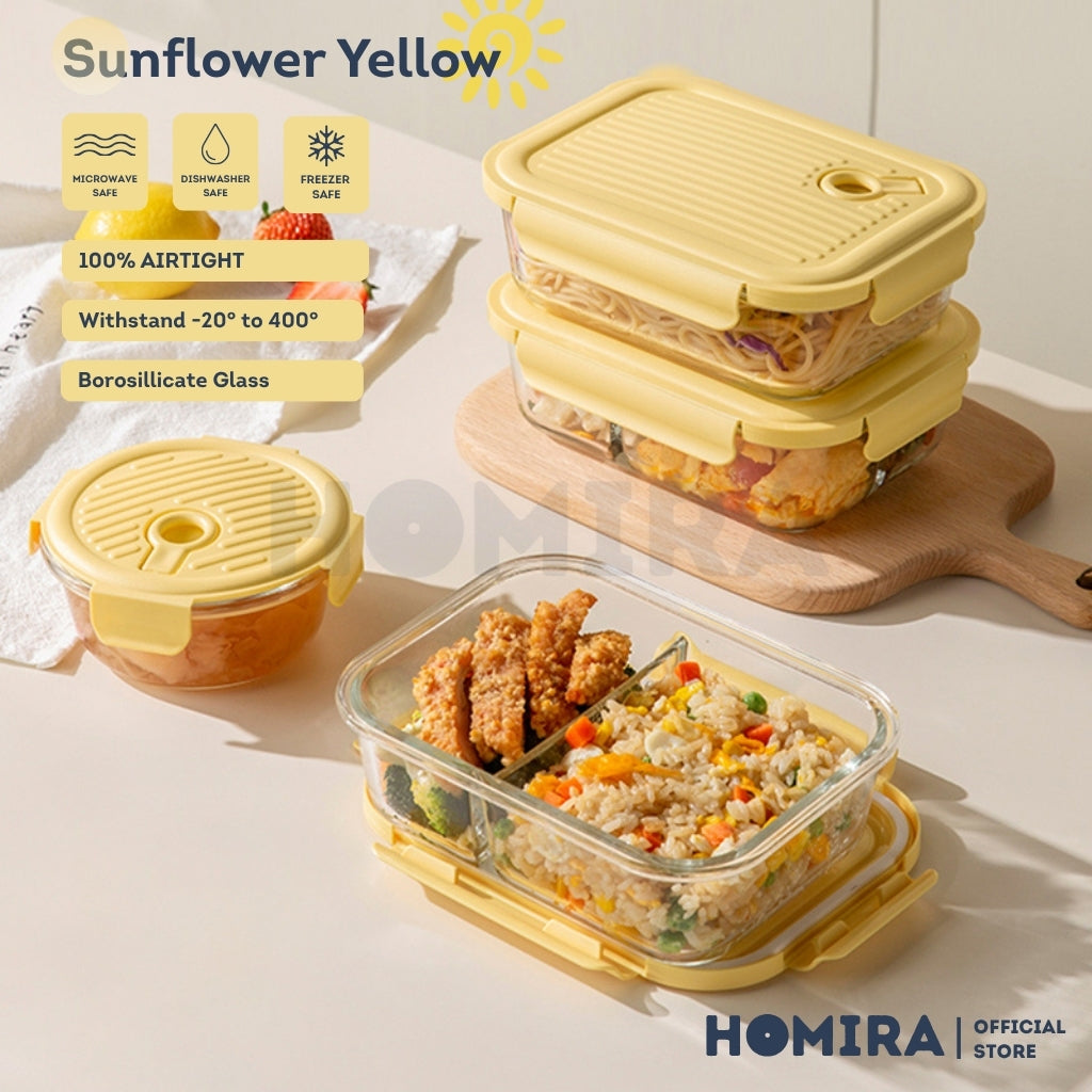 Homira Sunflower Yellow Borosilicate Glass Food Container – Airtight Leakproof Lunch Box | (450ml–1100ml)