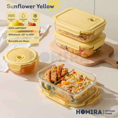 Homira Sunflower Yellow Borosilicate Glass Food Container – Airtight Leakproof Lunch Box | (450ml–1100ml)