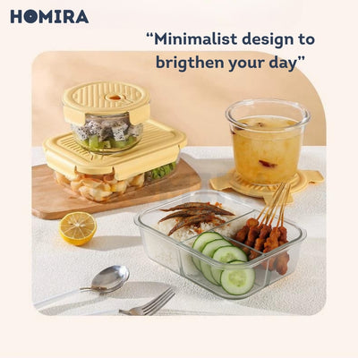 Homira Sunflower Yellow Borosilicate Glass Food Container – Airtight Leakproof Lunch Box | (450ml–1100ml)
