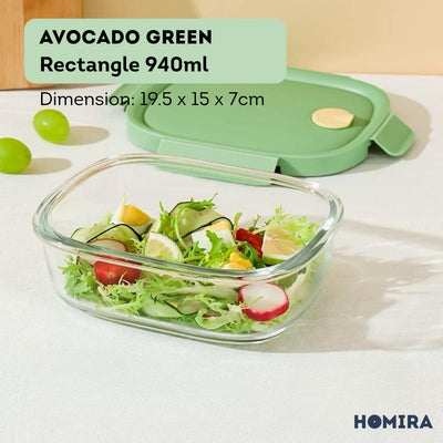 HOMIRA Avocado Green Borosilicate Glass Food Container (450ml - 940ml)