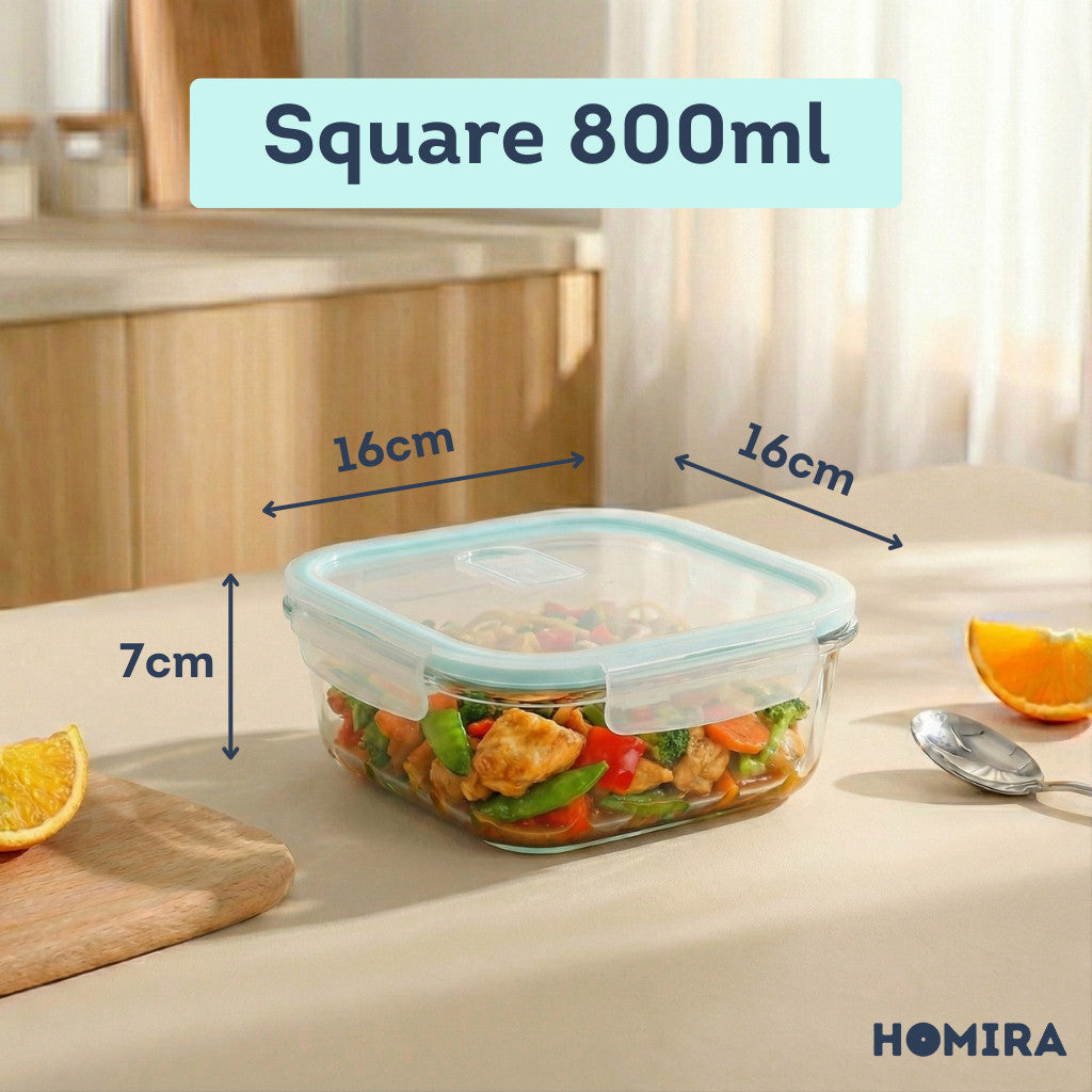 HOMIRA Classic Series Borosilicate Glass Square Food Container (800ml)