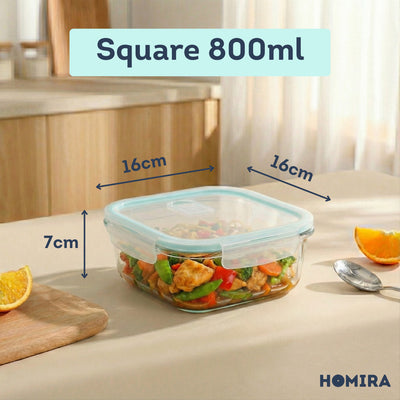 HOMIRA Classic Series Borosilicate Glass Square Food Container (800ml)