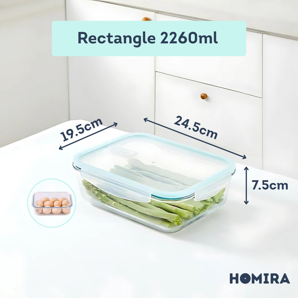 HOMIRA Classic Borosilicate Glass Food Container Airtight Leakproof Oven Safe (130ml-2600ml)