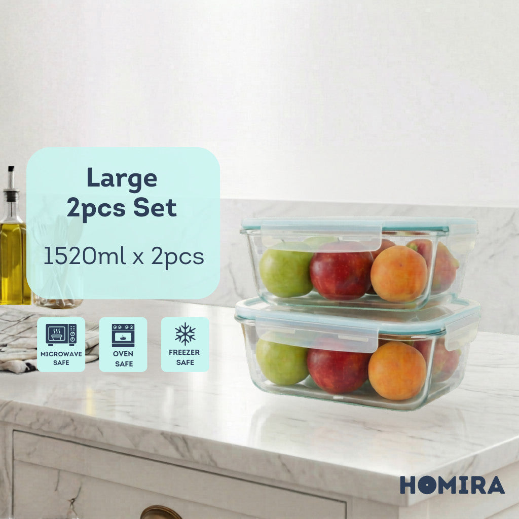HOMIRA Classic Series Borosilicate Glass Rectangle Food Container (700ml/1100ml/1520ml/2260ml)