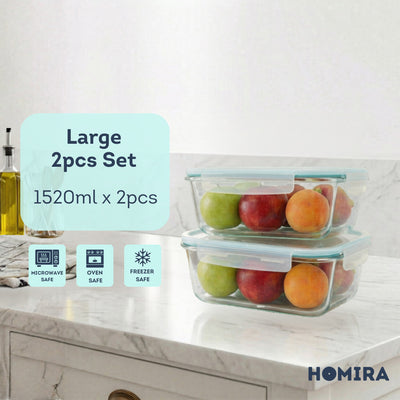 HOMIRA Classic Series Borosilicate Glass Rectangle Food Container (700ml/1100ml/1520ml/2260ml)