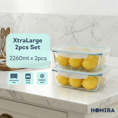 HOMIRA Classic Series Borosilicate Glass Rectangle Food Container (700ml/1100ml/1520ml/2260ml)