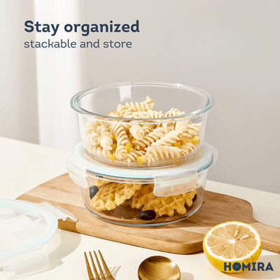 HOMIRA Classic Series Round Borosilicate Glass Food Container Airtight & Microwave Safe (450ml/650ml/1050ml)