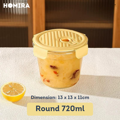 HOMIRA Round Tall Borosilicate Glass Food Container with Vent Lid - 720ml