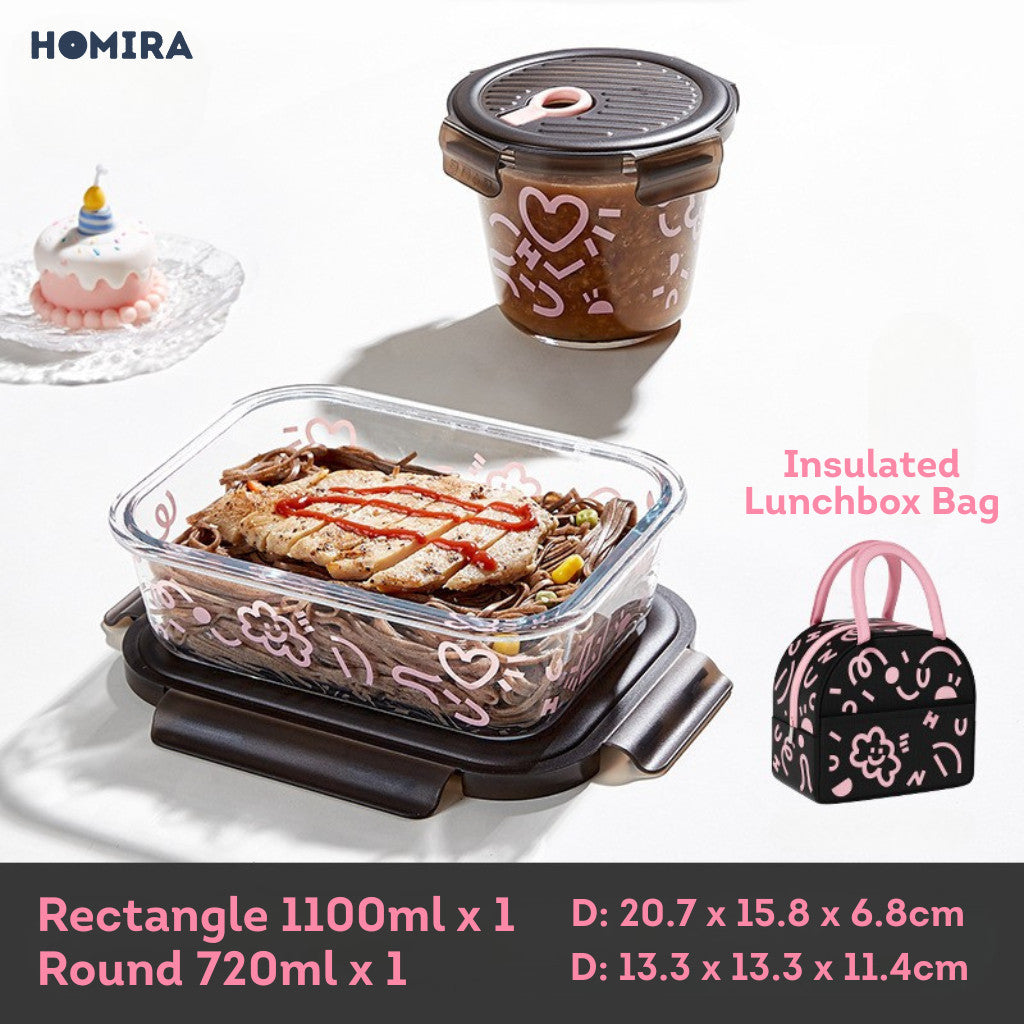 HOMIRA Lovey Cloud Series Borosilicate Glass Food Container & Bag Set - Black (450ml - 1100ml)