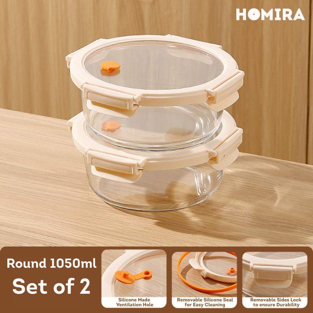 HOMIRA Signature Series Round Borosilicate Glass Food Container (450ml-1050ml)