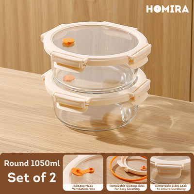 HOMIRA Signature Series Round Borosilicate Glass Food Container (450ml-1050ml)