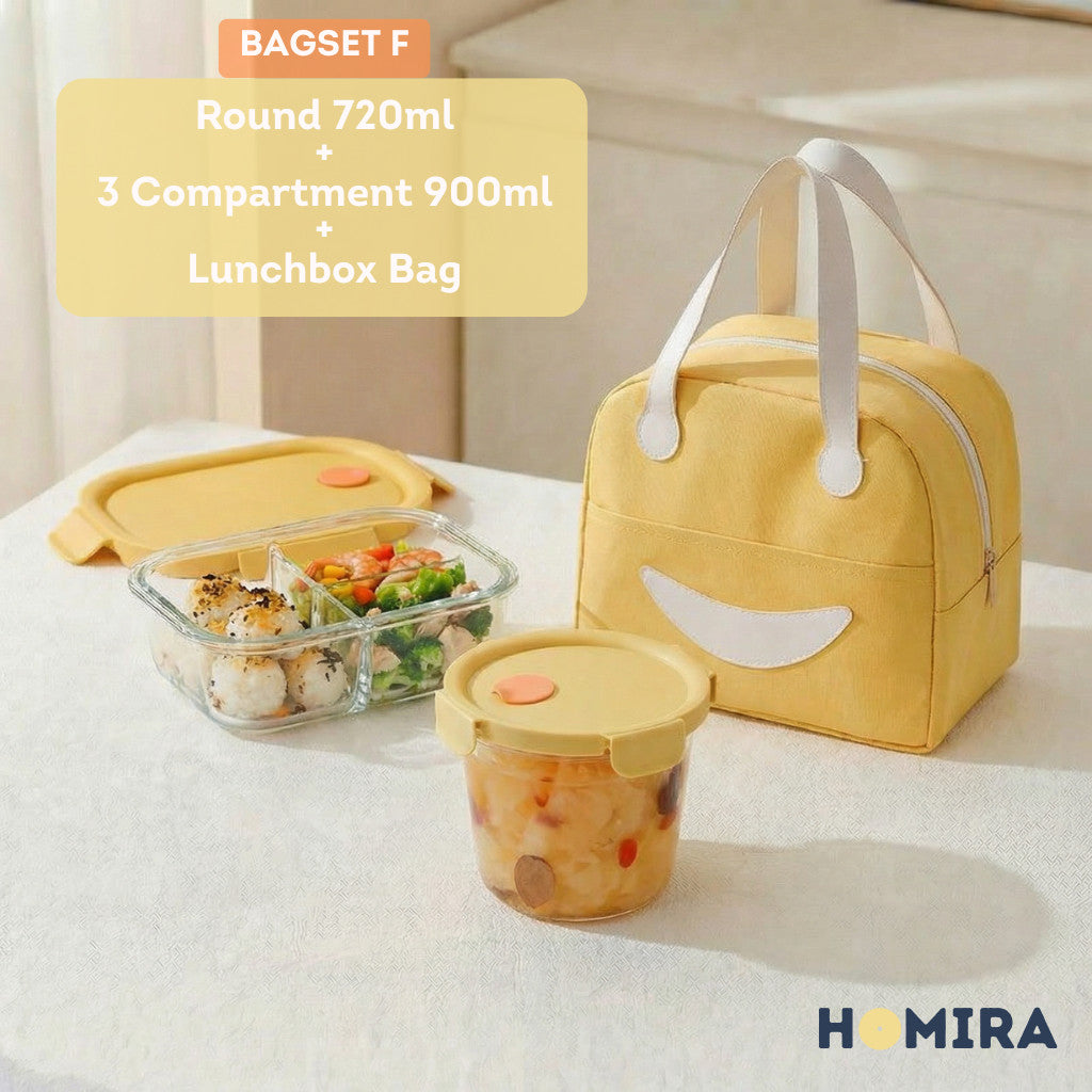 HOMIRA Summer Series Borosilicate Glass Lunchbox Bag Airtight & Microwave Safe Set