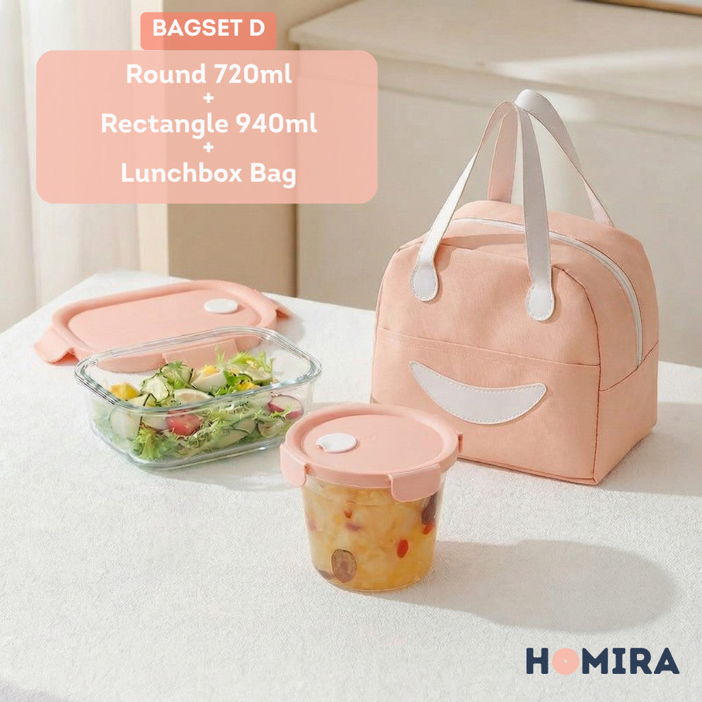 HOMIRA Summer Series Borosilicate Glass Lunchbox Bag Airtight & Microwave Safe Set