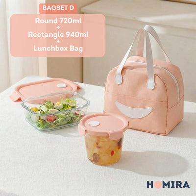 HOMIRA Summer Series Borosilicate Glass Lunchbox Bag Airtight & Microwave Safe Set