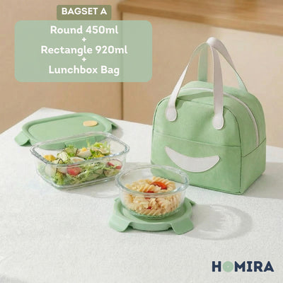 HOMIRA Summer Series Borosilicate Glass Lunchbox Bag Airtight & Microwave Safe Set