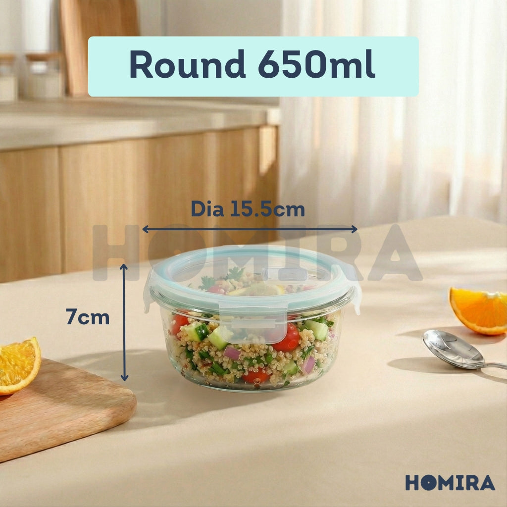 Homira Classic Borosilicate Glass Food Container – Airtight Leakproof Oven Safe | (130ml-2600ml)