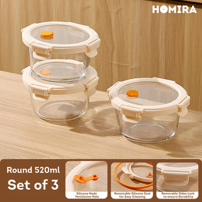 HOMIRA Signature Series Round Borosilicate Glass Food Container (450ml-1050ml)