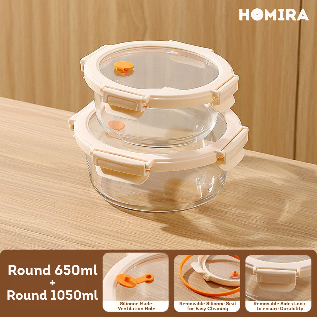 HOMIRA Signature Series Round Borosilicate Glass Food Container (450ml-1050ml)