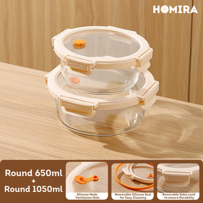 HOMIRA Signature Series Round Borosilicate Glass Food Container (450ml-1050ml)