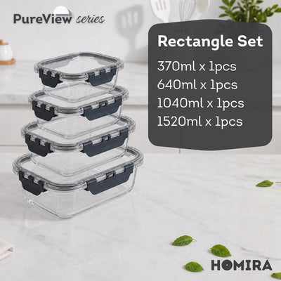 HOMIRA PureView Series Borosilicate Glass Food Container [Family Set]