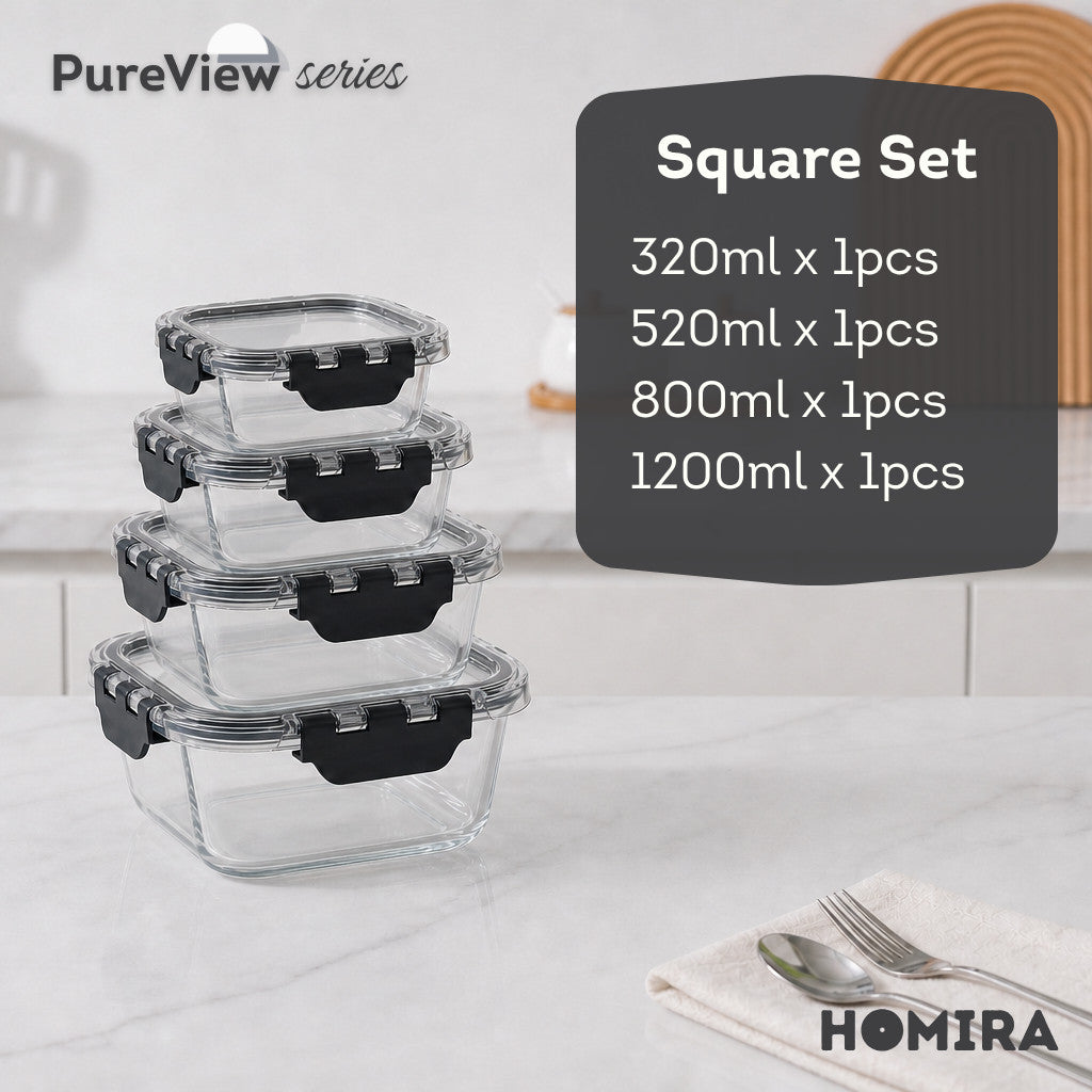 HOMIRA PureView Series Borosilicate Glass Food Container [Family Set]