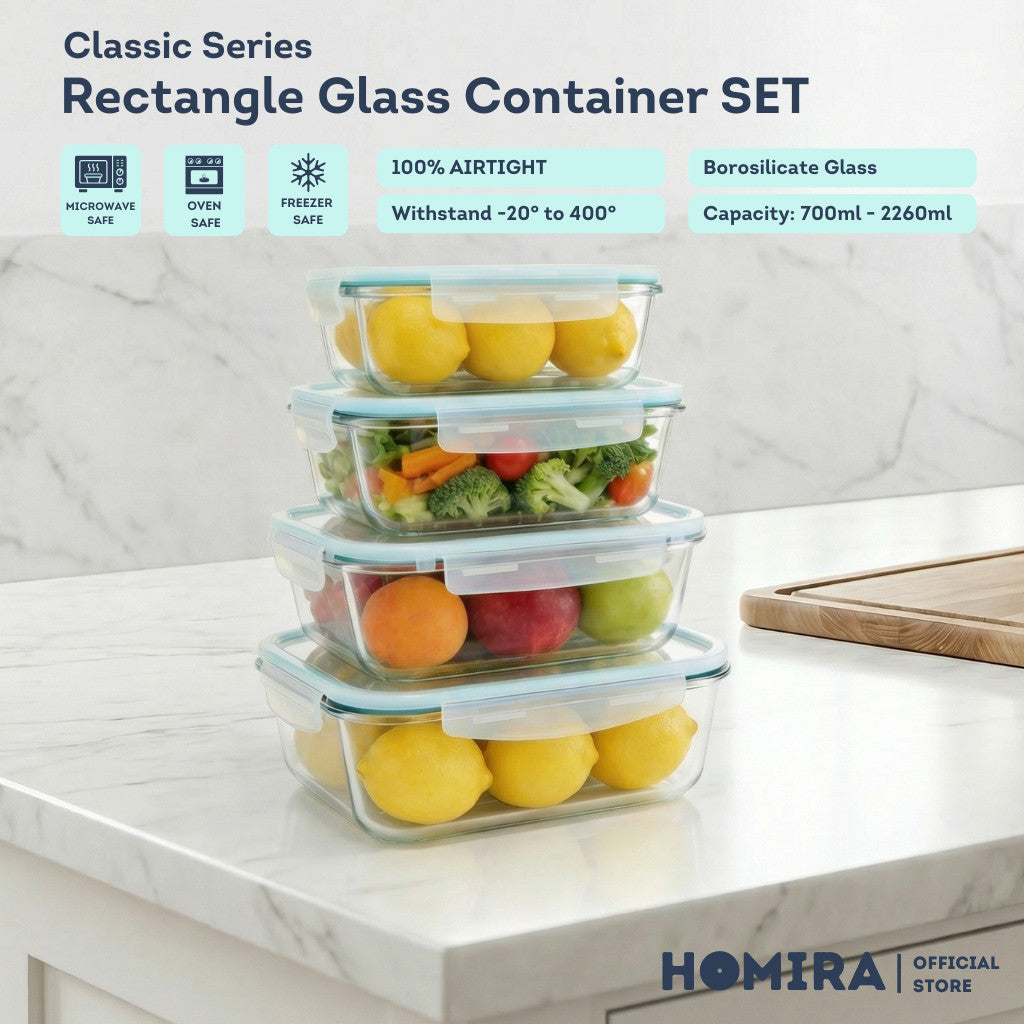 HOMIRA Classic Series Borosilicate Glass Rectangle Food Container (700ml/1100ml/1520ml/2260ml)