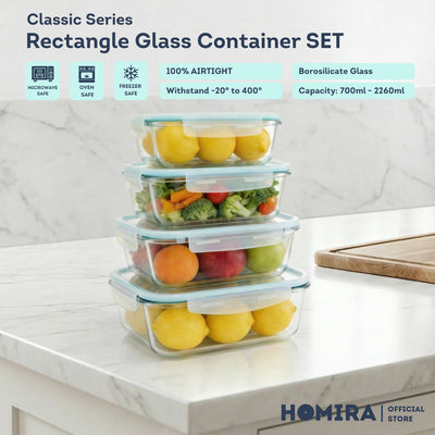 HOMIRA Classic Series Borosilicate Glass Rectangle Food Container (700ml/1100ml/1520ml/2260ml)