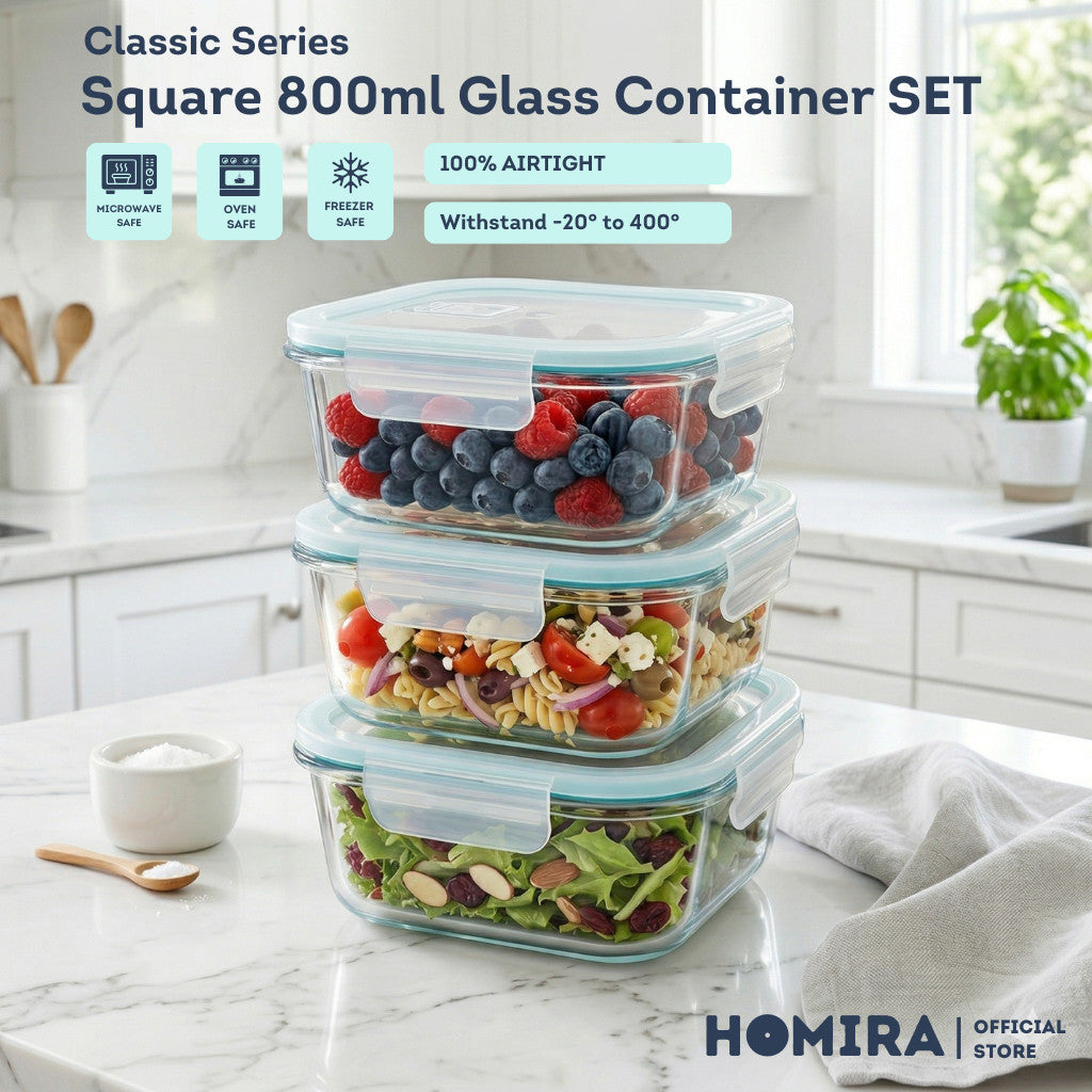 HOMIRA Classic Series Borosilicate Glass Square Food Container (800ml)