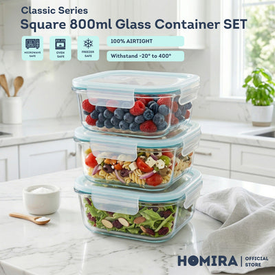 HOMIRA Classic Series Borosilicate Glass Square Food Container (800ml)