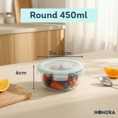 HOMIRA Classic Series Round Borosilicate Glass Food Container Airtight & Microwave Safe (450ml/650ml/1050ml)