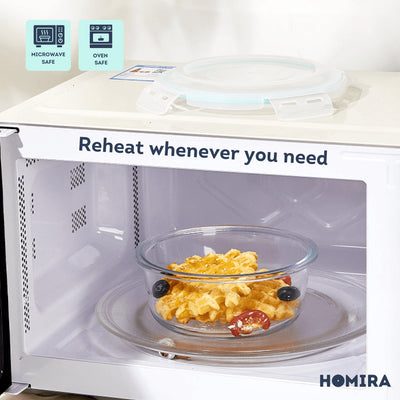 HOMIRA Classic Series Round Borosilicate Glass Food Container Airtight & Microwave Safe (450ml/650ml/1050ml)
