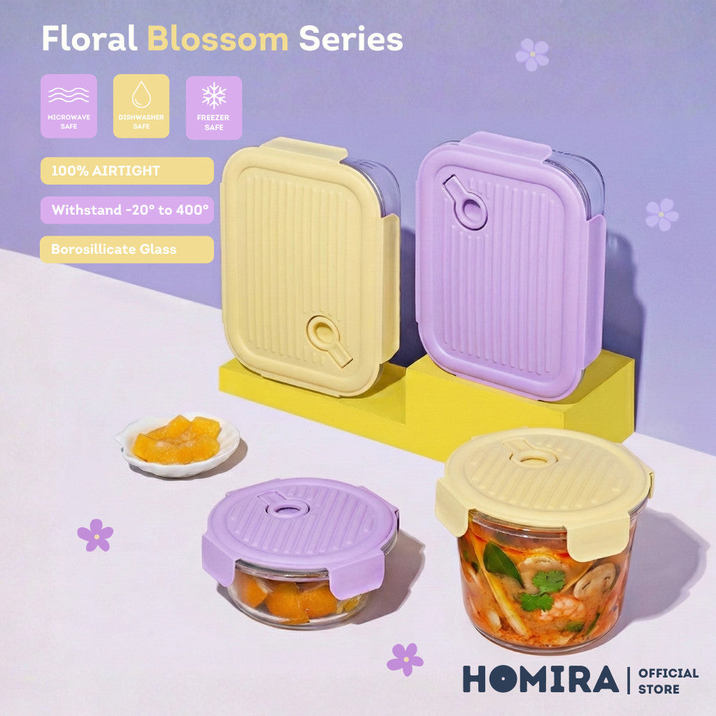 HOMIRA Floral Blossom Series Borosilicate Glass Food Container (450ml-1100ml)