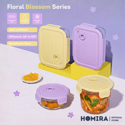 HOMIRA Floral Blossom Series Borosilicate Glass Food Container (450ml-1100ml)