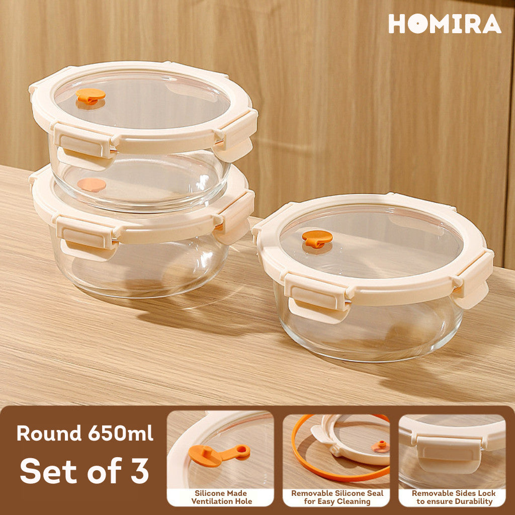 HOMIRA Signature Series Round Borosilicate Glass Food Container (450ml-1050ml)