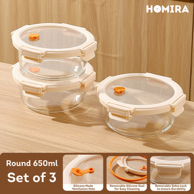 HOMIRA Signature Series Round Borosilicate Glass Food Container (450ml-1050ml)
