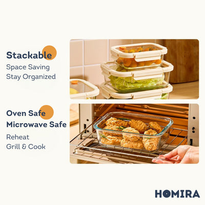 HOMIRA Signature Series Rectangle Borosilicate Glass Food Container Set (480ml/720ml/1100ml/1520ml)