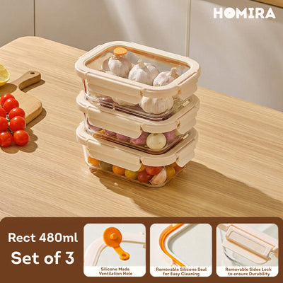 HOMIRA Signature Series Rectangle Borosilicate Glass Food Container Set (480ml/720ml/1100ml/1520ml)
