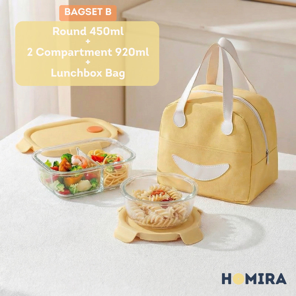 HOMIRA Summer Series Borosilicate Glass Lunchbox Bag Airtight & Microwave Safe Set